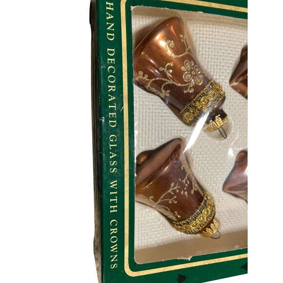 Glass Christmas Ornaments Bell Shape Set Of 4 Gold Accents Vintage Style Boxed - Picture 4 of 12